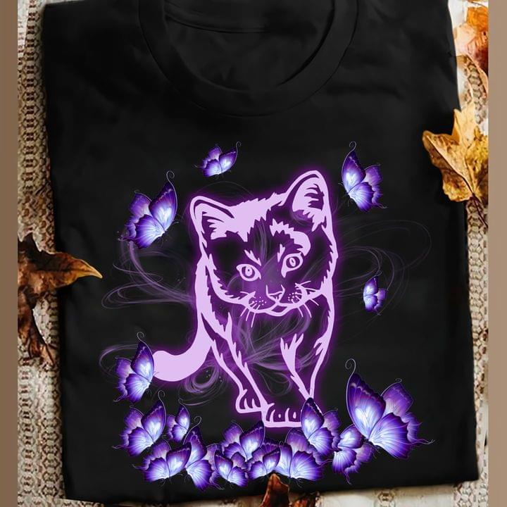 Graphic Purple Cat Butterflies Shirt Graphic Purple Cat Butterflies Shirt