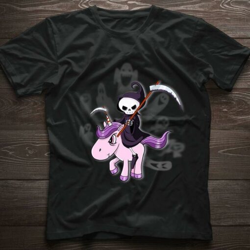 Grim Reaper Riding A Purple Unicorn Halloween Shirt