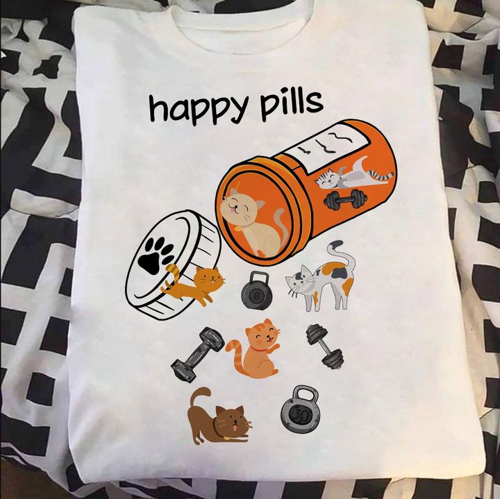 Happy Pills Cute Cartoon Cat Weightlifting Fitness Gym Shirt Happy Pills Cute Cartoon Cat Weightlifting Fitness Gym Shirt