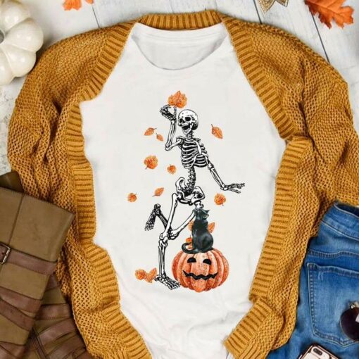 Happy Skeleton Pumpkin Black Cat Halloween Shirt