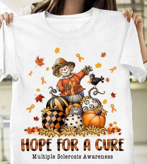 Hope For A Cure Multiple Sclerosis Awareness Straw Man Pumpkins Maple Leaves Shirt