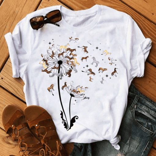 Horse Dandelion Flower Art T-Shirt